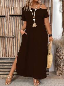 Plus Size Women's Solid Color Simple Daily Dress, For Thanksgiving Maxi Women Outfit - Brown - View 3
