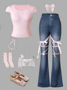 Lunivi 2er-Set für Teenager-Mädchen, lässig elegante Outfits, bestehend aus rosa kurzärmeliger Crop Top und Hose mit Blume Muster und 3D-Schleifendesign, für Frühling/Sommer/Herbst