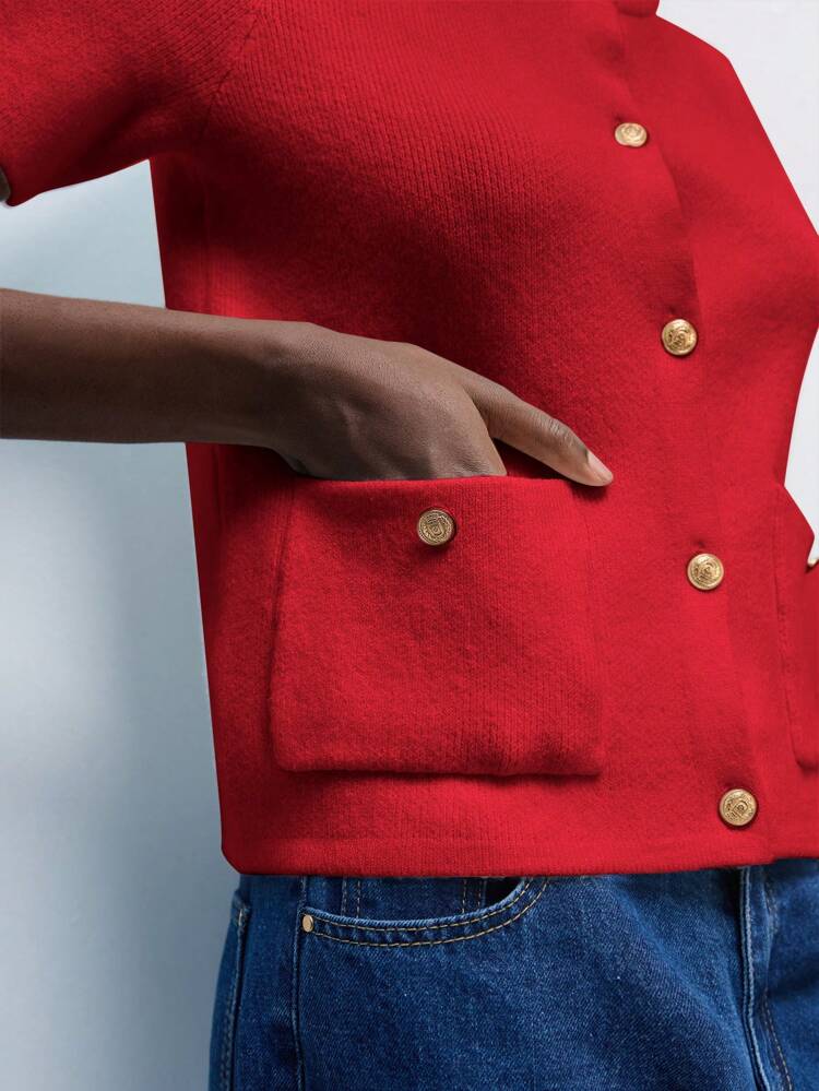 SHEIN Maija 2026 Elegant Red Knit Cardigan For Women Suitable For Leisure, Romantic Urban Vacation, Outdoor, Party, Wedding Guest, Boho-Chic, 90s Retro Urban Casual Outwear, Christmas St Patrick's Day Women Easter Summer Easter Women Party Top Beach Summer Holiday Beach Vacation Summer Going Out Graduation