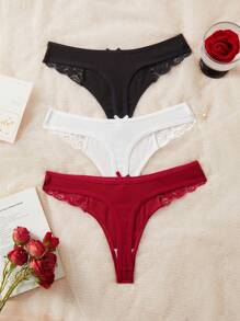 SHEIN 3 件装女士蕾丝拼接性感丁字裤，简约休闲