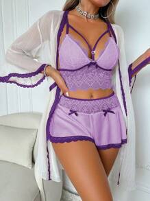 PetitDoll 3pcs/Set Women Sexy Lace Patchwork Sleepwear Set
