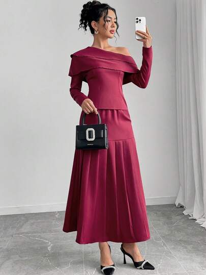 Modelyn 女式纯色露肩长袖休闲上衣和裙子两件套