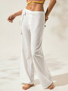 Easelle 女士休闲宽松白色亚麻宽松低腰长裤带侧带 - 白色 - 查看 4