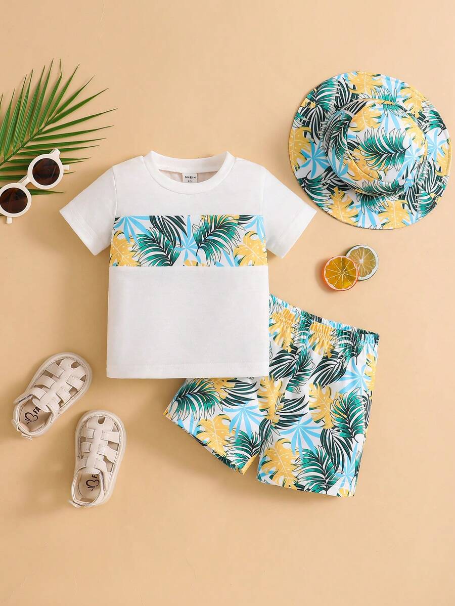 3 件套男童婴儿度假花卉拼布圆领针织短袖上衣、松紧腰短裤和太阳帽套装、男婴服装、儿童服装、夏季、6 个月至 3 岁 - 彩色 - 查看 1