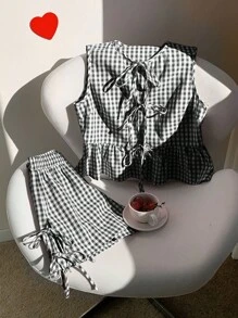 Comfortcana 大码夏季红白格子蝴蝶结两件套服装，上衣和短裤 - 黑與白 - 查看 4