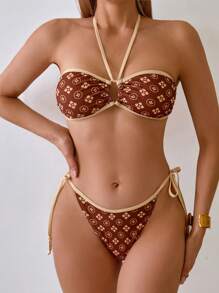 SHEIN Swim 2pcs/Set Minimalist Print Wireless Crop Top And Self-Tie Triangle Bottoms Swimwear For Summer Beach Vacation - Multicolor - View 3