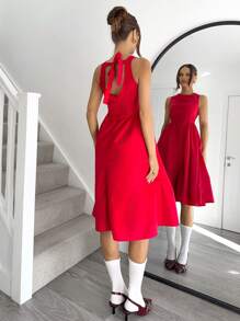 SHEIN Essnce Backless Red Midi Dress Summer Wedding Guest Elegant Brunch Lunch Dress Vintage Style - Red - View 5
