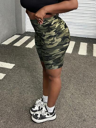 Muchica Plus Size Casual Camouflage Capri Leggings med hög midja