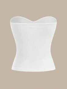 SHEIN BASICS 女款休閒基礎性感純色針織修身抹胸上衣 全白束胸上衣 Bustier 上衣 夏季夜店上衣 - 白色 - 查看 3