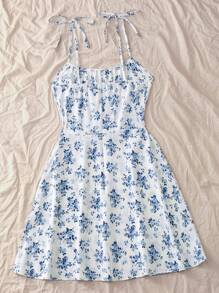 Trelyra Floral Print Shoulder Tie Strap Midi Dress,Ladies Boho Backless,Knot,Ruched Bust Sleeveless Spaghetti Strap Regular Fit Short Black Ditsy Floral Cami Women Short Dresses,Spring/Summer,Casual Daily Wear Mini Short Women Outfit