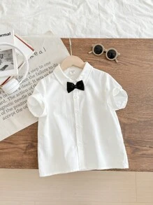Koszula dla chłopców, dżentelmenów, elegancka, miejska, biała, z nadrukiem, z krótkim rękawem, odpowiednia na przedszkole, przyjęcie urodzinowe, wieczorne wydarzenie, występ, wesele, chrzest, ceremonię otwarcia szkoły, walentynki