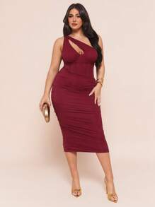 SHEIN BAE Plus Size Women Asymmetric Neck Bodycon Midi Dress, Burgundy, Elegant Sexy Dress, French Style Dress, Evening Gown, Birthday Dress, Bridesmaid Dress, Simple Chic Everyday Dress, Wedding Guest Dress, Cocktail Dress,Dresses Classy Elegant,Nashville Outfits,Summer Dresses For Women,Vacation Outfits Women,Wedding Guest Dress Women,Sun Dresses For Women,Spring Outfits For Women,Graduation Dress,Mesh Dress - Burgundy - View 2
