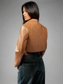 MISSGUIDED Cropped -Embossed Vegan Leather Blazer Spring Professional Office Interview Workwear Party Outerwear Chic Business Modern Woman Single Button Jacket - Mocha Brown - View 2