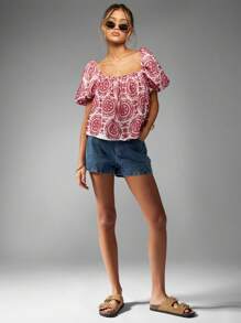 MISSGUIDED 英式刺绣衬衫泡泡袖方领夏季上衣节日波西米亚草原风格海滩度假装刺绣（注：15 个单词季节/场合相关，不提及颜色）