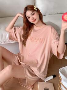 DAZY Conjunto de pijama de mujer con camiseta holgada de unicolor con patrón bordado de letras y pantalones cortos relajados