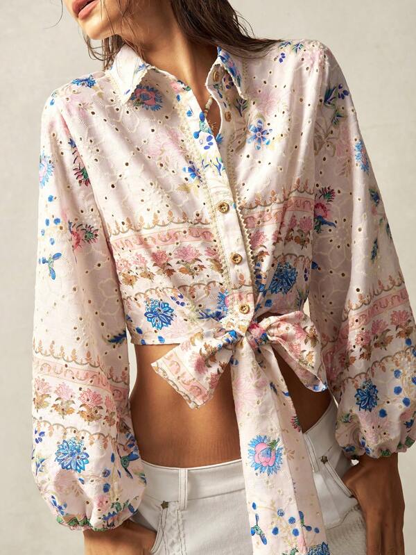 Bohemela Women's Boho Crop Blouse: Baby Pink Woven Fabric, Long Sleeve, Shirt Collar, And Knot Detail For A Chic Look
