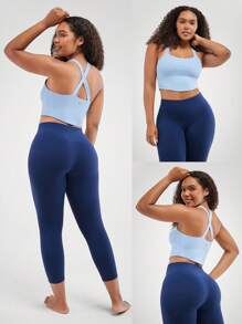 GLOWMODE FeatherFit™ Crossover Straps Curved Hem Sports Bra Tank Top Low Impact Yoga Daily - Baby Blue - View 10