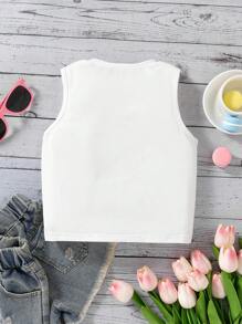 Camisetas sin mangas informales para niñas, con diseños gráficos de dibujos animados simples y lindos de cuello redondo, aptas para el verano - Blanco