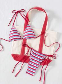 Swim Mod 2pcs Striped & Color Block Halter Bikini Set, Sexy Fashion Swimwear For Summer Vacation, Includes Top And Bottom With Tie-Side Bottoms