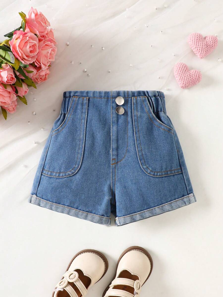 Baby Girls Medium Wash Blue Denim Wide Leg Soft & Comfortable Elastic Waist Loose Fitting Versatile Shorts