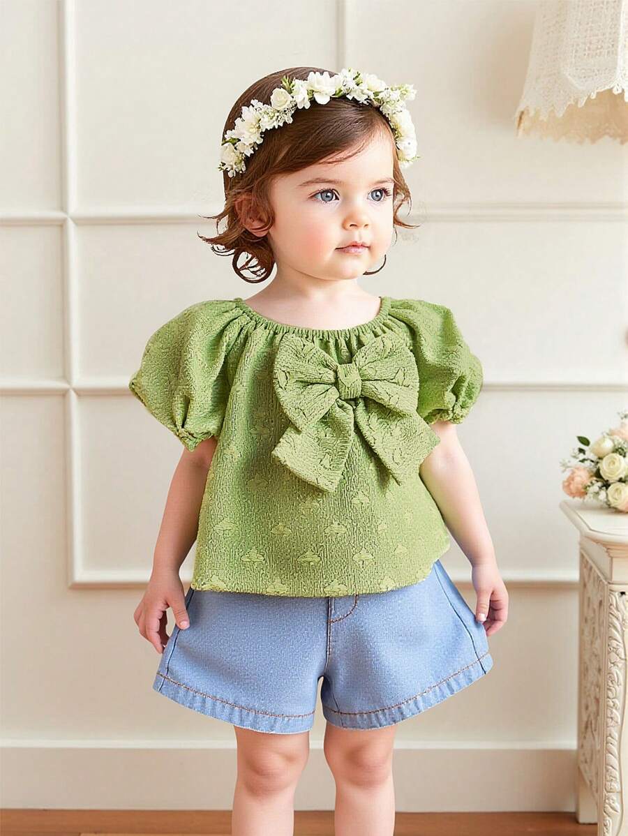 Baby Girl Summer Collection Green Sweet Casual Embroidered Butterfly Pattern Puff Sleeve Top Paired With Denim Shorts Set. - Multicolor - View 1