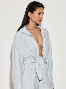 AiiRZ Conjunto Resort de Mistura de Linho, Camisa de Botão com Colarinho, Shorts de Cintura Elástica, Conjunto Combinado de Duas Peças para Uso Casual, Roupas de Praia, Férias de Verão, Passeio - Azul - Visão 6