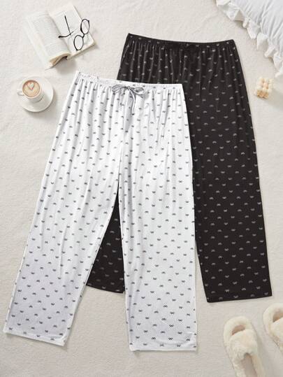 SHEIN 两件套加大码女式睡衣套装，针织蝴蝶结印花家居服舒适长裤，适合所有季节，秋冬皆宜