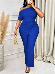 Maweii 大码女式 2 件套纯色不对称领口上衣和裤子，时尚 - 寶藍色 - 查看 1