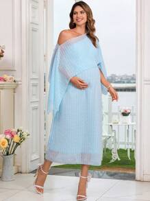 SHEIN Robe de maternité élégante longue avec manches chauve-souris pour femmes, robe de baby shower - Bleu azur - Voir 4