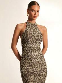Glamine Women Leopard Print Mesh Side Ruffle, Backless, Fitted Bodycon Sleeveless Elegant Dress - Multicolor - View 5