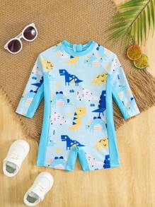 Baby Boy Dinosaur Print Raglan Sleeve One-Piece Swimsuit With Shorts - Multicolor - View 1