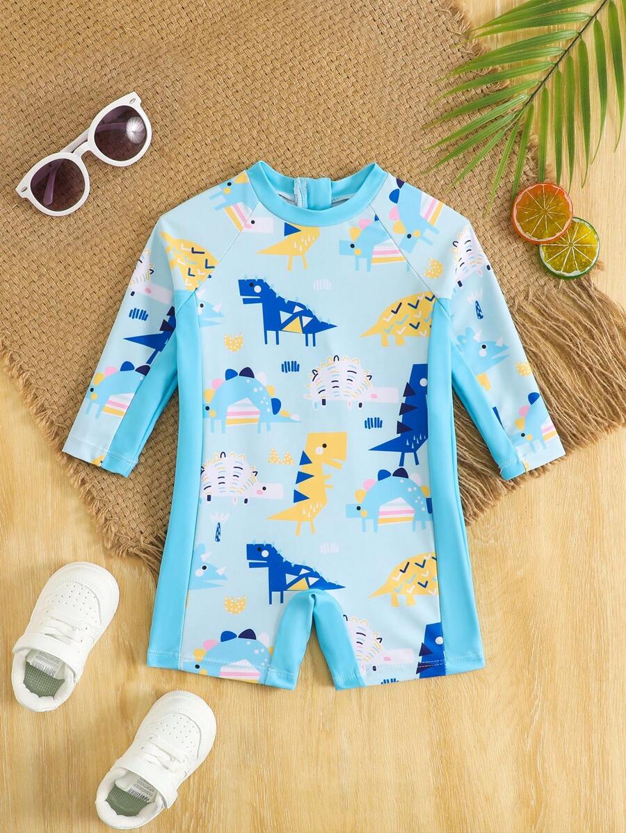 Baby Boy Dinosaur Print Raglan Sleeve One-Piece Swimsuit With Shorts - Multicolor - View 1