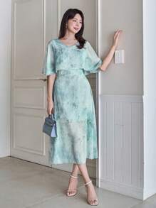 DAZY Solid Color V-Neck Mid-Length Shiny Dress For Women