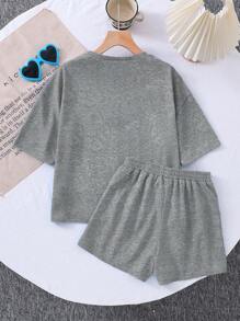 SHEIN LMoss Kids Bộ 2 chiếc/bộ áo thun cổ tròn rộng rãi màu trơn đan cho bé gái và quần short đan bó - Màu xám đen - Xem 2