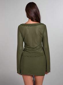 SHEIN BAE 女士酒红色纯色网眼针织拼接荷叶边前系带喇叭袖透视性感上衣 - 軍綠色 - 查看 2