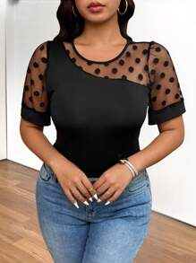 Calvaya 大码圆领圆点网眼不对称拼接柔软针织休闲紧身衣，适合户外和通勤