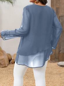 EMERY ROSE Plus Size Women Solid Color Long Sleeve Asymmetrical Hem Blouse - Baby Blue - View 2