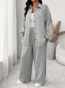 SHEIN Frenchy Bộ đồ 2 món rộng rãi thường ngày họa tiết sọc xanh trắng cỡ lớn dành cho nữ - Đen và trắng - Xem 2