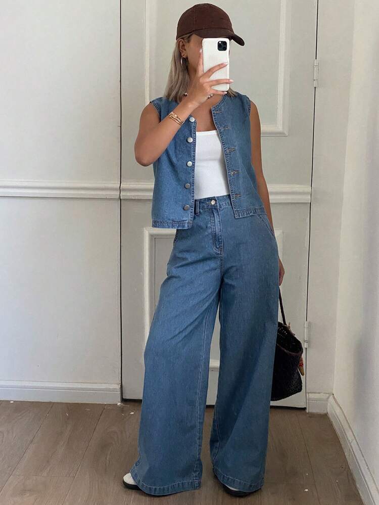 Women Denim Vest And Pants 2 Pieces Set, Minimalist Fashion Suitable For Summer