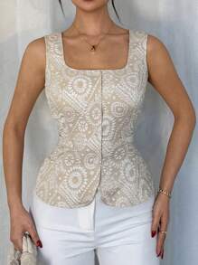 SHEIN Clasi Square Neck Sleeveless Textured Fabric Single-Breasted Button Decoration Vest Shirt For Women - Khaki - View 7