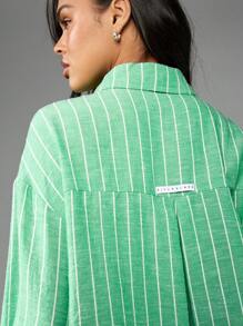 MISSGUIDED Chemise boutonnée rayée oversize, manches longues, Top décontracté, couvre-tout de plage pour le printemps et l'été, vacances, coupe ample, col chemisier, Noël - Vert - Voir 5