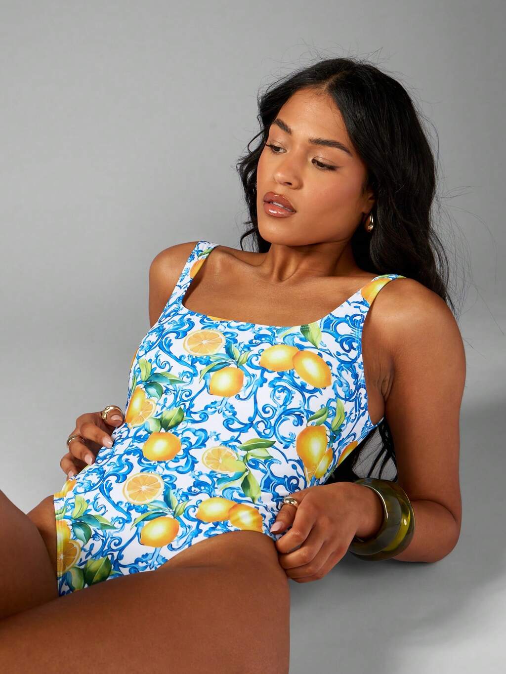 MISSGUIDED Italian Lemon Print Mediterranean Style Square Neck Women One-Pieces