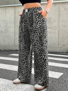 SHEIN EZwear 大码女式休闲豹纹梭织高腰阔腿宽松裤，带口袋，适合日常/通勤穿着