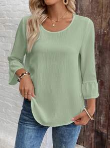 EMERY ROSE Women's Solid Color Textured Bell Sleeve Casual Vacation Shirt - Green - View 3