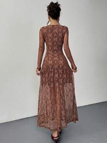 SHEIN Essnce Vestido de invitada de boda casual de verano 2025 - Vestido maxi de encaje de estilo boho chic de manga larga con forro, ocasión casual de playa o iglesia, bordado de flores color marrón chocolate, inspirado en el estilo Y2K para vacaciones y resort para mujeres