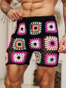 Manfinity RSRT Men's Holiday Floral Crochet Waist Tie Shorts,Men Swim Trunks