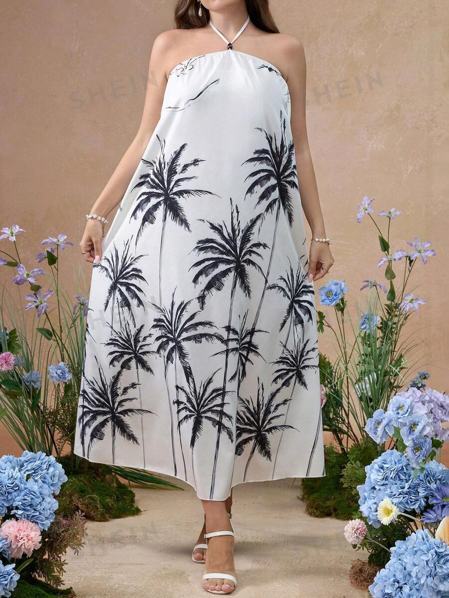 Flirla Vestido de vacaciones con escote de halter y estampado de palmeras para mujer de talla grande