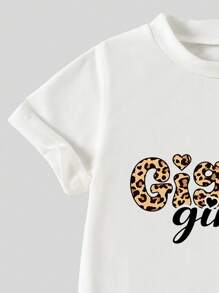 Young Girl - Leopard Print Letter Graphic Crew Neck Short Sleeve T-Shirt & Tree Branch Print Cargo Pants Set