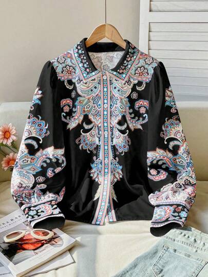 SHEIN Clasi Women's French Elegant Turndown Collar Lantern Sleeve Single-Breasted Placement Print Blouse