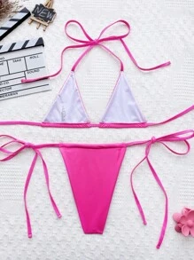 Swim SXY Women's Sexy Micro Triangle Solid Color PU Halter Bikini Set For Summer Beach Vacation